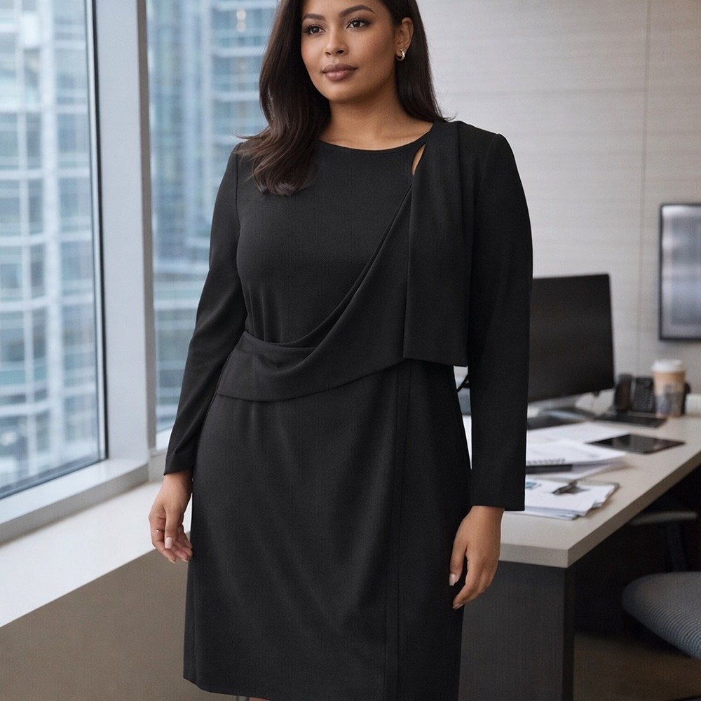 Eloquii Black Draped Overlay Midi Dress  18/20 NWT Minimalist Career Workwear‎